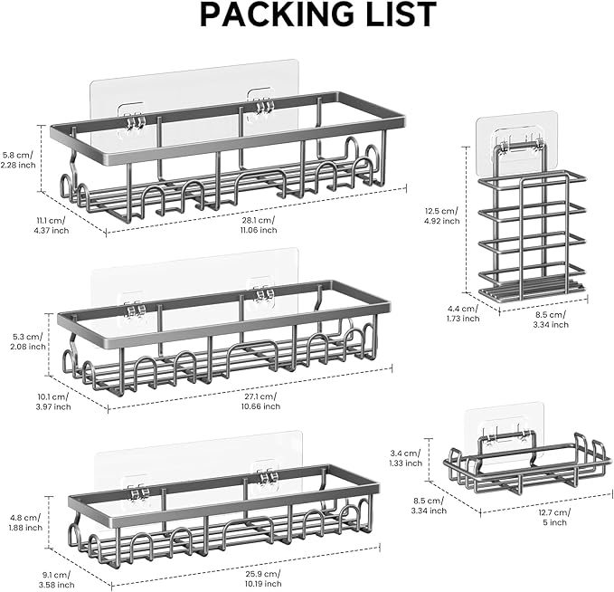Shower Caddy, 5 Pack Shower Shelves for Inside Bathroom, Rustproof Adhesive Bathroom Organizer with Soap Holder, No Drilling Washroom Organizers and Storage for Bathtub Room/Kitchen, Matte Grey