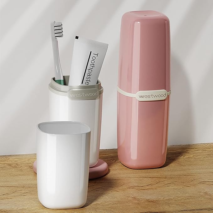 HyJeryty Simple Pink Toothbrush Travel Case, Portable Travel Toothbrush & Toothpaste Holder Cover Organizer Container with Mouthwash Cup for School, Camping, Business Trip, Bathroom Storage