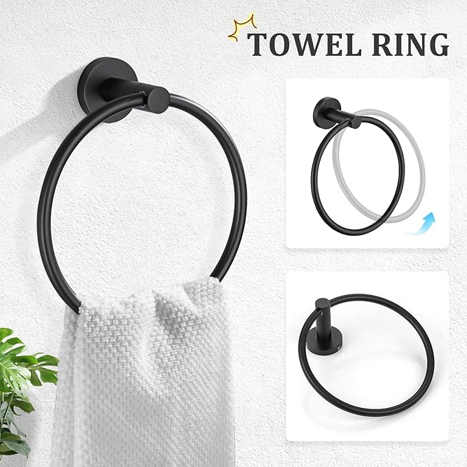 TURS Black 5 Piece Bathroom Towel Bar Set Bathroom Hardware Set, 23.6 inch Bathroom Accessories Kit Set, SUS304 Stainless Steel Wall Mounted