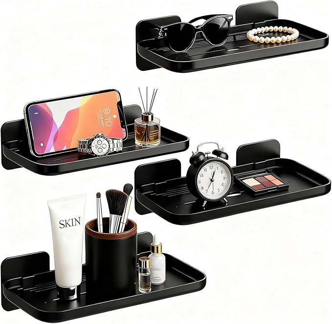 FAYYGYH 2 Pack Adhesive Floating Shelves No Drill Small Floating Shelf for Wall Storage Damage-Free Wall Mounted Organizer for Bathroom, Kitchen, Bedroom & Office (Black-4pcs)