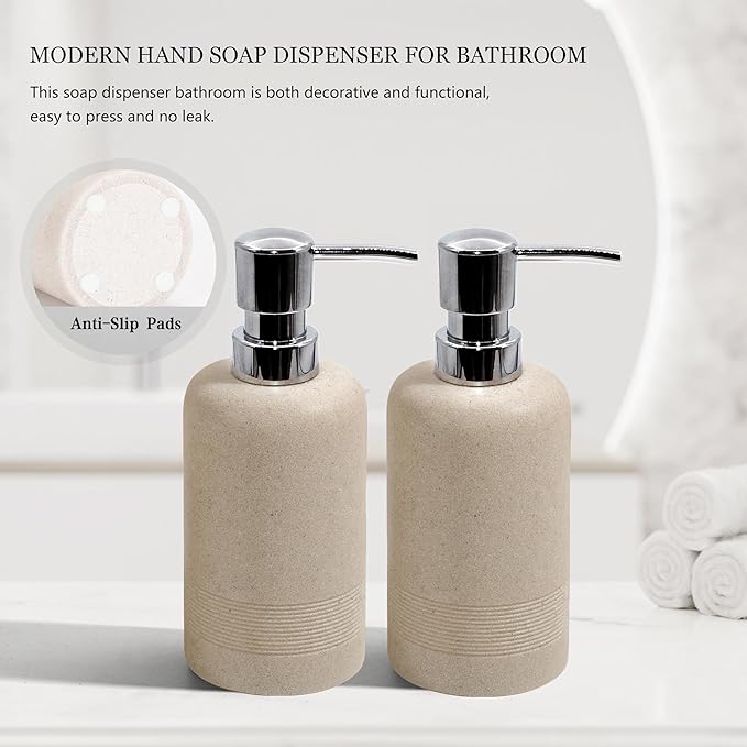 YMXYJM Resin Soap Dispenser Sets, 2 Pcs Heavy Lotion Dispensers,10.8oz Refillable Liquid Soap Dispensers with Rust-Proof Pump for Bathroom Countertop or Kitchen, Stone Beige
