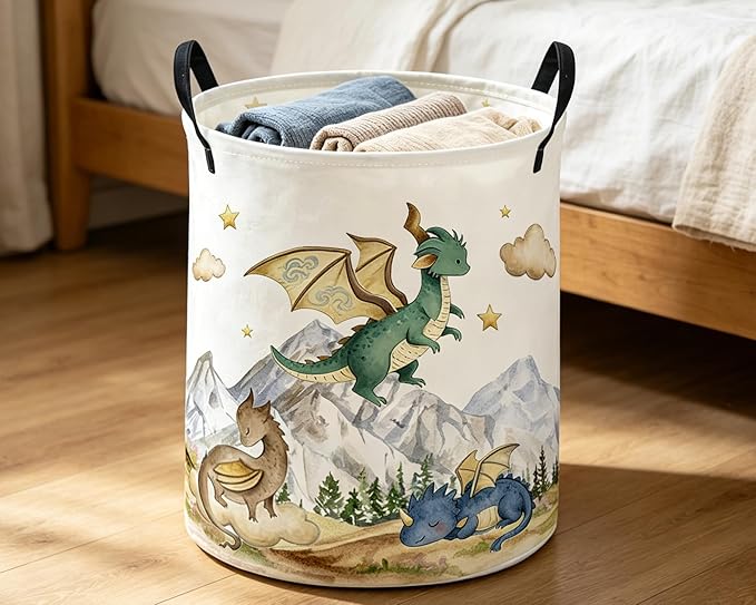 ESSME Kids Laundry Basket,Dinosaur Hamper Collapsible Canvas Waterproof Storage Bin for Girls, Cute Hamper,Gift Baskets(Mountain dinosaur)