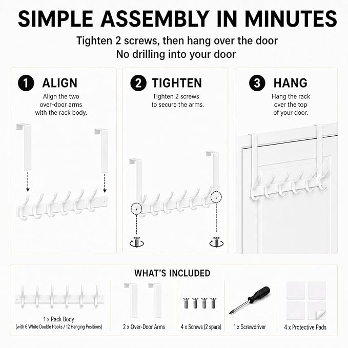 Peasulin Over The Door Hooks, Door Hanger with 12 Coat Hooks, 7.4" Extended Arm Over Door Towel Rack, Aluminum Alloy Rust-Proof, No Drilling, for Bathroom Bedroom Closet Entryway (White)
