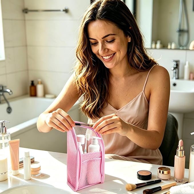 Standing Toiletry Bag, Lightweight Portable Travel Toiletry Bag, EVA Foldable Thickened Clear Hanging Makeup Bag, Breathable Cosmetic Organizer for Travel & Bathroom (pink)
