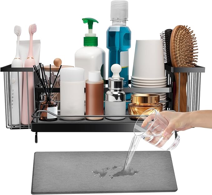 Toothbrush Holders with Instant Drying Stone & 2 Brush Holders, Rustproof Carbon Steel Tooth Brush Holder Sink Caddy, Space Saving Bathroom Countertop Organizer for Storage and Organization-Black