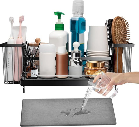 Toothbrush Holders with Instant Drying Stone & 2 Brush Holders, Rustproof Carbon Steel Tooth Brush Holder Sink Caddy, Space Saving Bathroom Countertop Organizer for Storage and Organization-Black