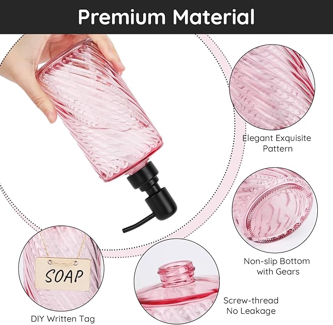Segbeauty Soap Dispenser Set, 2 Pack Refillable Glass Soap Dispenser with Stainless Steel Pump, 500ml Empty Shampoo and Conditioner Bottles for Bathroom and Kitchen Farmhouse Decor