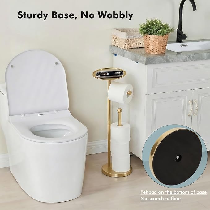 Freestanding Toilet Paper Holder with Shelf, Gold Toilet Paper Stand with Storage Tray and Space for 4 Extra Rolls