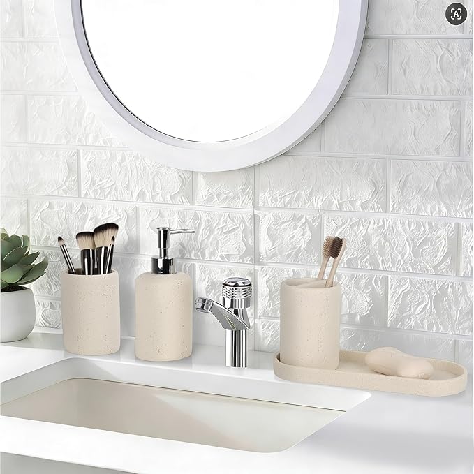 Bathroom Accessories Set,4 Piece Travertine Stone Look Bathroom Accessory Set with Soap Dispenser,Toothbrush Holder,Vanity Tray,Tumbler,Bathroom Organizer for Modern Bathrooms（Light Cream）
