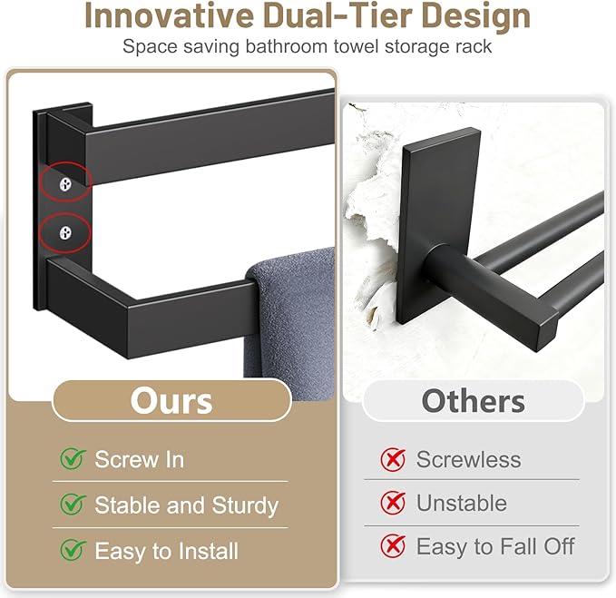 Double Towel Bar,Towel Holder for Bathroom Stainless Steel Towel Rack Wall-Mounted Bathroom Towel Bar 24-Inch Bathroom Hardware Accessories,Matte Black
