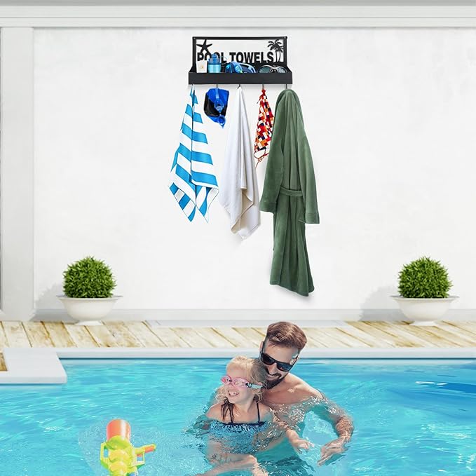 Pool Towel Rack - 2-in-1 Outdoor Poolside Beach Washcloth Drying Rack Holder, Wall Mounted Metal Hooks Decor for Bath Towel Storage, Robe Swimsuit, Coat, Bags, Phone, Keys - Black
