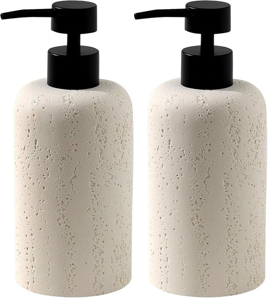 Soap Dispensers 400mL 13.5 OZ, 2 PCS Luxurious Hand Dish Lotion Shampoo Soap Dispenser Jar, Travertine Soap Pump Bottles for Kitchen Bathroom Countertop (Cream)