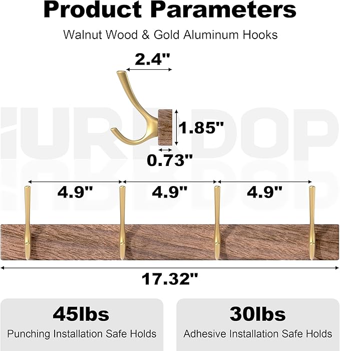 17 Inch Walnut Wood Wall Mounted Coat Rack with 4 Gold Double Hooks, Adhesive Mounted Entryway Hooks, Modern Natural Wooden Pegs for Hanging Coat Clothes Hat Bag Purse Key and Towel