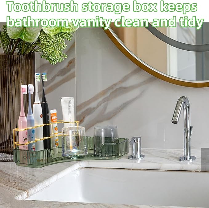 Toothbrush Holder Makeup Organizer for Vanity, 1-Tier Corner Bathroom Organizer Countertop with Makeup Brush Holder, Corner Counter Storage for Bathroom Dresser- Green