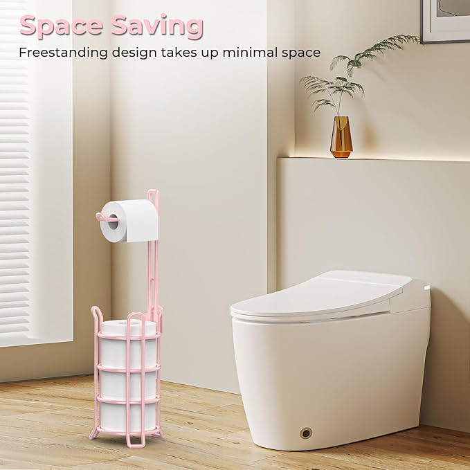 TomCare Toilet Paper Holder Toilet Paper Stand and Dispenser for 3 Spare Rolls Metal Wire Free-Standing Toilet Tissue Paper Roll Storage Shelf Bathroom Accessories Storage Organizer Pink