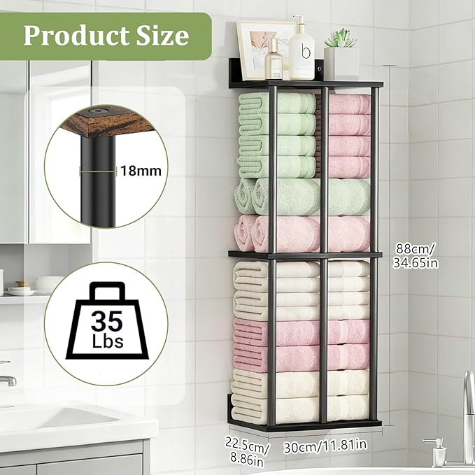 Towel Racks for Bathroom Wall Mounted with Shelf, Updated 3 Bar Bathroom Towel Holder Bath Storage Rack for Rolled Towel, Metal Small Bathrooms Towel Storage Rack, Black