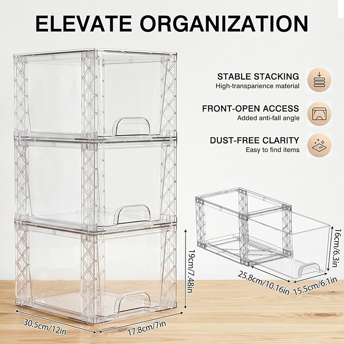 Bathroom Organizers and Storage Boxes 6 Pack, 7in Plastic Stackable Drawers Simply Assembled Containers Bins Suitable for Cosmetics, Kitchen, Cabinets, and Snack