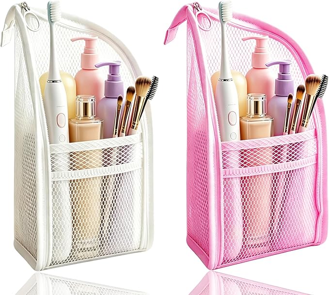 Standing Toiletry Bag, Lightweight Portable Travel Toiletry Bag, EVA Foldable Clear Hanging Makeup Bag, Breathable Cosmetic Organizer for Travel & Bathroom (Pink and white)