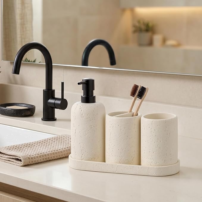 Bathroom Accessories Set, 4 Piece Travertine Stone Look Collection, Modern Bath Organizer with Soap Dispenser, Toothbrush Holder, Tumbler, Vanity Tray for Countertop Kitchen Sink (Off White)