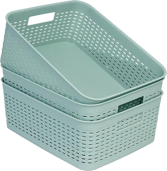 Soddeph Plastic Storage Baskets for Cabinets, Household Pantry Organization with Handle,Organizer Bins for Room,Bathrooms,Under-Sink,Kitchen (Green, M-3PACK)