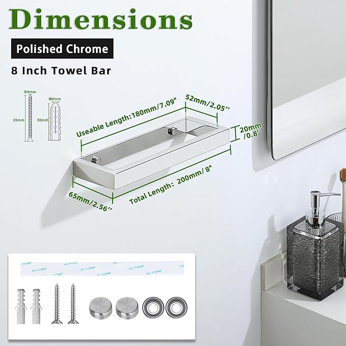 Alise Hand Towel Holder,Wall Mount Towel Bar for Bathroom,Towel Rack for Lavatory,8 Inch Towel Hanger SUS304 Stainless Steel Towel Rail,Polished Chrome