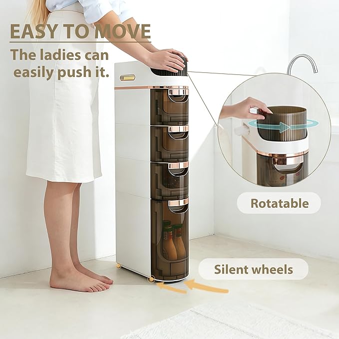 BGYMF 3-Tier Slim Bathroom Storage Cabinet, Slim Cabinet for Bathroom,Narrow Rolling Storage Cart with Wheels, White Plastic Organizer for Small Spaces, Kitchen, Laundry Room, Corner