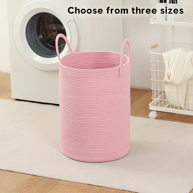 Laundry Basket Hamper Tall Rope Storage Woven for Blanket toys Dirty Clothes in Living Room Bathroom Bedroom (Pink, 80L/21.3Gal)