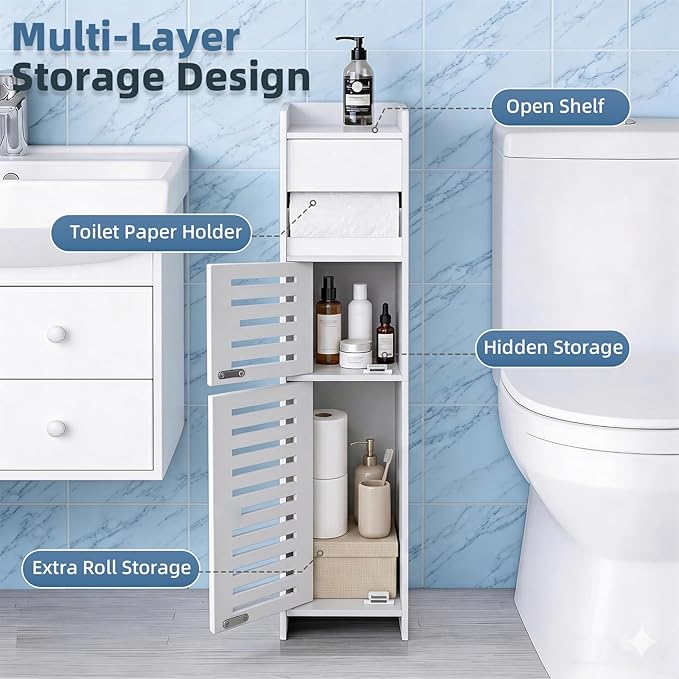 BorealBear Slim Bathroom Storage Cabinet with Toilet Paper Holder, Narrow Bathroom Cabinet for Small Spaces, Freestanding Organizer with Door & Shelves, Space Saving White Bathroom Cabinet