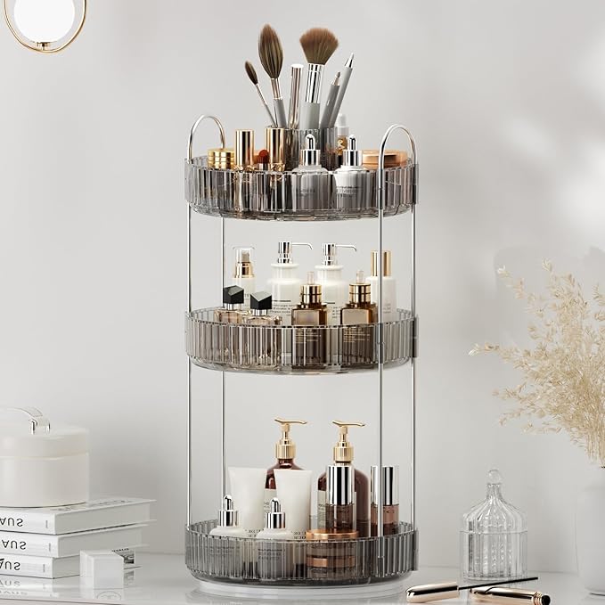 360° Rotating Makeup Organizer, Upgraded 3 Tier Skincare Perfume Organizers for Women, Bathroom Organizer Countertop, Clear Cosmetic Dresser Organizer with Makeup Brush Holder, Sink&Counter(Grey)