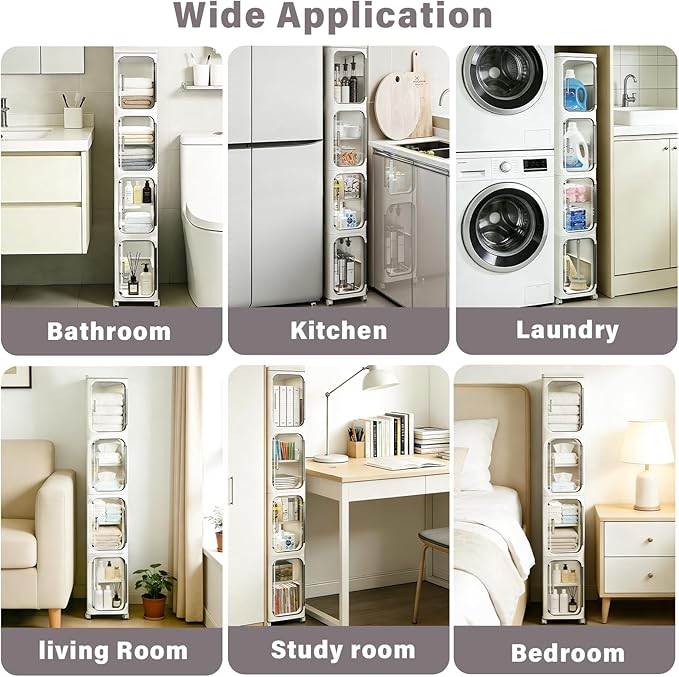 4-Tier Slim Bathroom Storage Cabinet, Tall Narrow Storage Cabinet with Movable Wheels, Adjustable Shelves, Skinny Bathroom Storage Organizer for Small Space, Bathroom, Kitchen, Laundry, Cream White