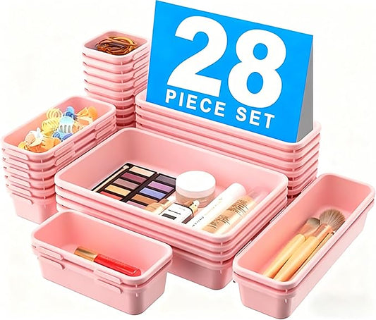 A-LuGei 【Military Grade Drawer Organizer, 【𝟱𝗦𝗶𝘇𝗲】 Makeup organizer, 【Holds 177 Items】 Bathroom Organizers and Storage, Organization and Storage, Desk Drawer Organizer for Vanity (Pink)