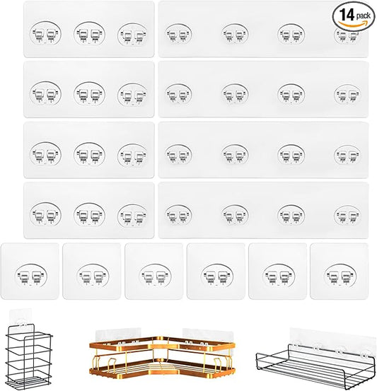 14 Pack Shower Caddy Adhesive Replacement, Strong Shower Shelf Adhesive Hooks for Corner Shelf Basket, Bathroom Rack, Kitchen Rack and Soap Holder
