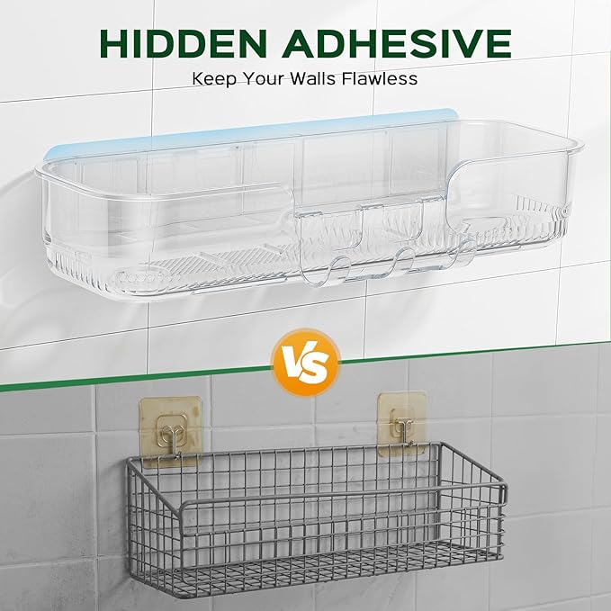 HAMITOR Adhesive Shower Caddy for bathroom：2 Pack Clear Bath Shelves No Drilling for Modern Renters & Home Decor - Rustproof Acrylic Shower Organizer for Bathroom Storage