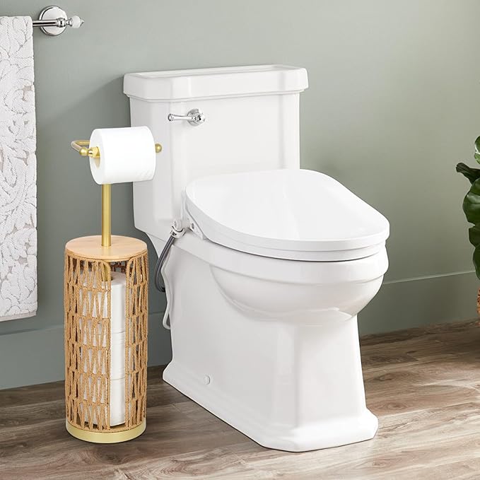 Trongee Freestanding Toilet Paper Holder with Storage,3 Rolls of Boho Toilet Paper Holder Stand with Lid,Gold Toilet Tissue Holder Stand Rattan Paper Storage Wicker Toilet Roll Holder Basket