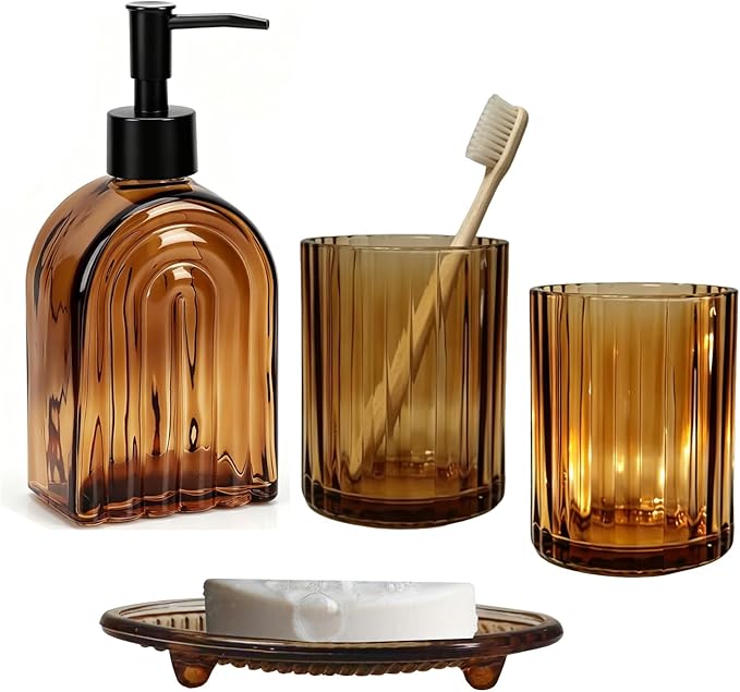 Glass Bathroom Accessories Set,13.5oz 4 Pcs Liquid Arch Design Hand Soap Dispenser Set with Stripe Toothbrush Holder, Mouthwash Cup, Soap Dish for Bathroom(Amber)