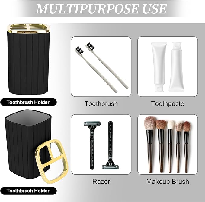 4-Piece Bathroom Accessories Set, Black and Gold Bathroom Set Includes 2 Soap Dispensers, a Toothbrush Holder and Cup, Black Gold Bathroom Decor for Modern Homes