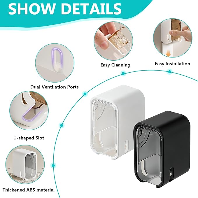 3 Pack Toothbrush Holders for Bathroom, Self Adhesive Wall Mounted Toothbrush Holder with Cover, Single Toothbrush Dispenser Storage Organizer for Family, Travel, Waterproof and Dustproof (Black)