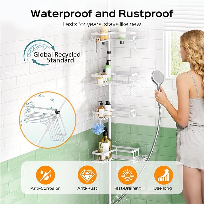 HAMITOR Shower Caddy Tension Pole: 4-Tier Corner Bathroom Organizer Shelf with Soap Holder & Hooks - No-Drill Adjustable Storage Rack for Apartment Renters - 47-123 Inch White