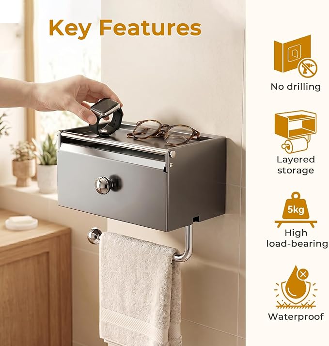 Toilet Paper Holder with Shelf,Wall Mount Toilet Paper Roll Holder,Self-Adhesive Tissue Towel Holders,Flushable Wipes Dispenser for Storage,Front Flip Design with Hanging Rod for Bathroom (Grey)