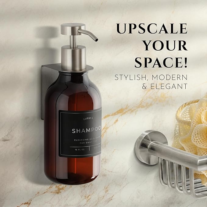 Shower Shampoo Dispenser Wall Mounted – Refillable 16.9 oz Amber Bottle with Stainless Steel Pump & No-Drill Adhesive Holder – Soap Dispenser for Bathroom (1 X Amber/Silver)