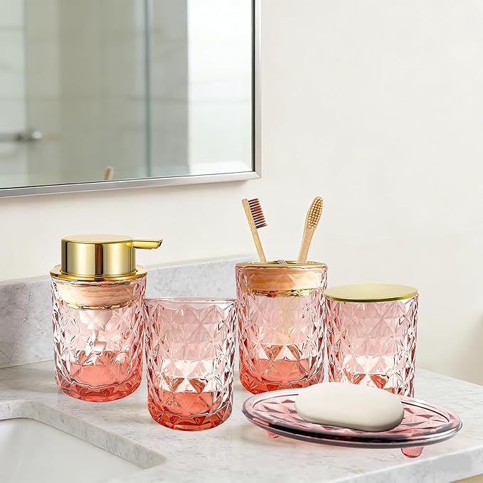 5PCS Bathroom Accessory Set,Brown Bathroom Countertop Organizer Set with Soap Dispenser, Toothbrush Holder, Tumbler, Q-tip Holder & Soap Dish,Elegant Functional Glass Set, Gift for Home & Apartment