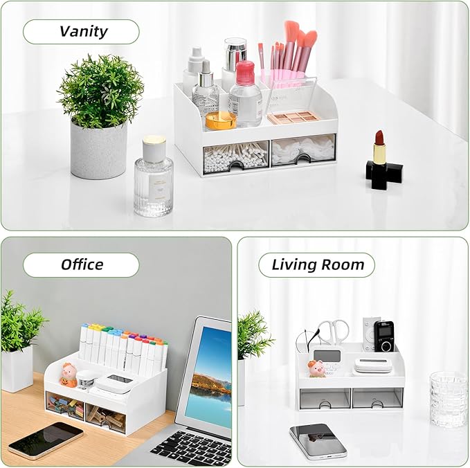 VITVITI Toothbrush Holders for Bathroom Sink, 4 Slots Bathroom Countertop Organizer with 2 Drawers, Plastic Kids Toothpaste Holder Bathrooms Counter Organizer for Vanity, White