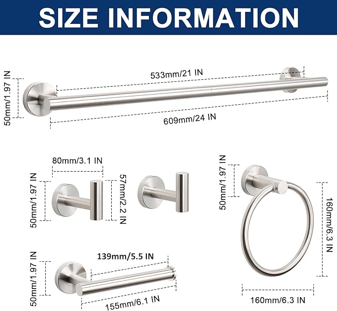 NearMoon 20 Pieces Bathroom Hardware Set SUS304 Thicken Stainless Steel-Towel Rack Kit Include 24" Towel Rod + Bath Towel Ring + Toilet Paper Holder + Robe Towel Hooks Bath Accessories (Nickel)
