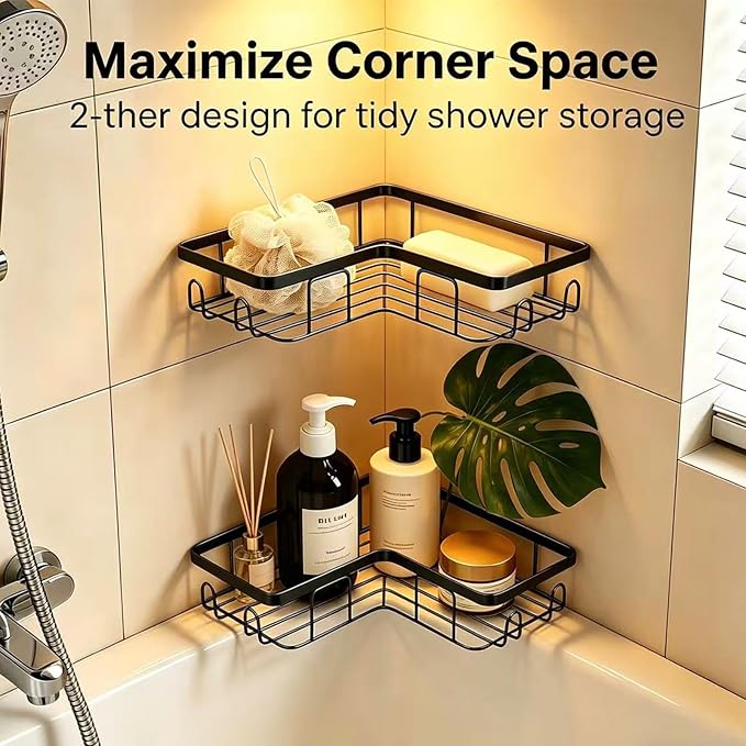 Shower Caddy 2 Pack, No Drilling Adhesive Bathroom Organizer Shelf Rack, Corner Shower Shelf with Hooks for Home Decor & Storage (Black)