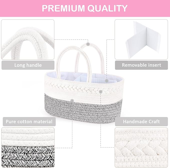 ABenkle Diaper Caddy Organizer, Boho Rustic Cotton Rope Nursery Baby Basket, Changing Table Organizer for Baby Diaper Storage and Baby Shower