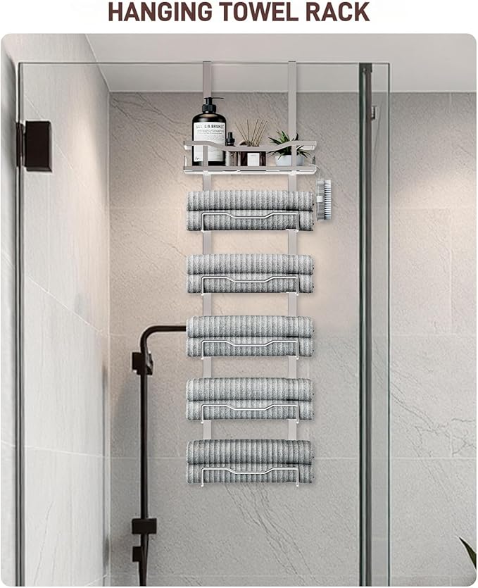 Aetyord Hanging Towel Racks for Bathroom No Drill - Over The Door 6-Tier Bath Towel Storage Organizer for Small Bathrooms-Back Door Large Tiered Towel Holder Hanger for Rolled Towels RV Camper Silver