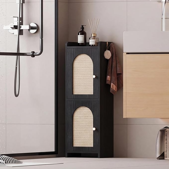 Rattan Bathroom Storage Cabinet,Corner Floor Cabinet with 2 Doors and Adjustable Shelf, Narrow Toilet Paper Cabinets with 2Hooks,Toilet Organizer for Small Spaces,7.87"D*9.84"W*29.72"H（Black）