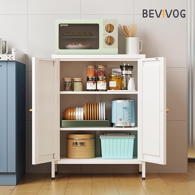 Bevivog Metal Bathroom Floor Storage Cabinet, Small Storage Sideboard with 2 Doors and 2 Adjustable Shelves, 12" Small Cabinets White Freestanding Locker for Entryway, Living Room, Hallway