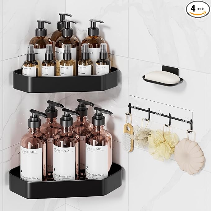 Veken Aluminum Corner Shower Caddy 4-Pack, Never Rust, No Drilling Adhesive Shelves, Stainless Rack with Soap Holder, Bathroom Organizers and Storage, Wall-Mounted Kitchen & Home Decor, Black