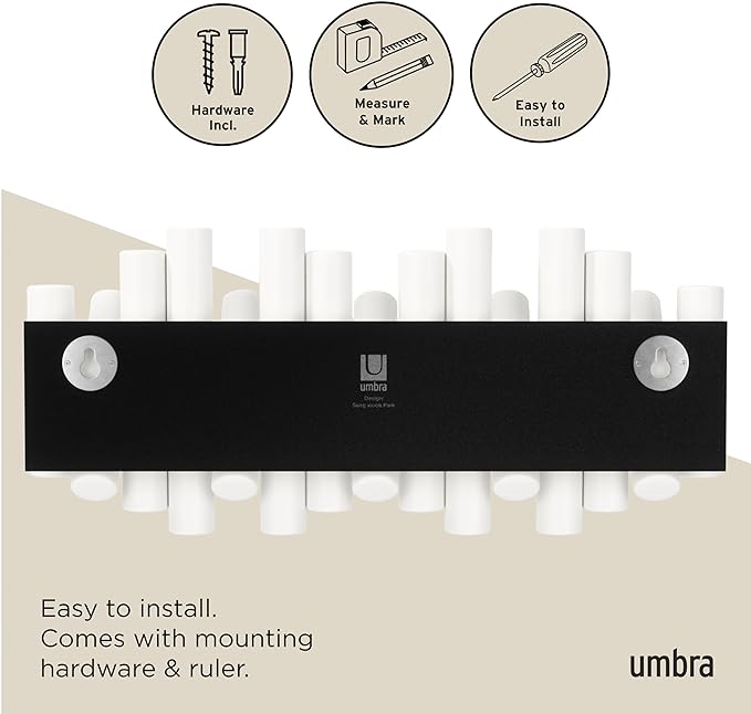 Umbra Picket Wall-Mounted Coat Rack Rail Hook with 5 Retractable Wood Pegs – Modern, Space-Saving Storage Organizer, White